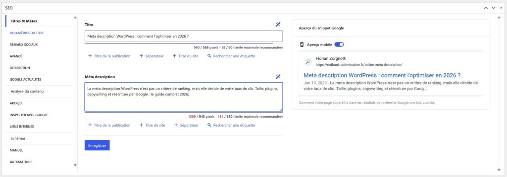 meta description bloc seopress pro