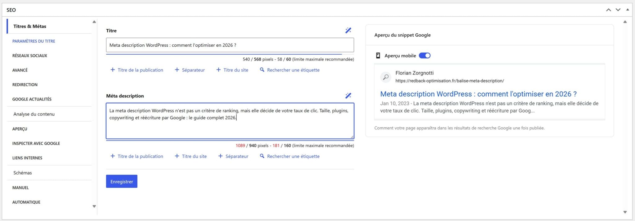 meta description bloc seopress pro